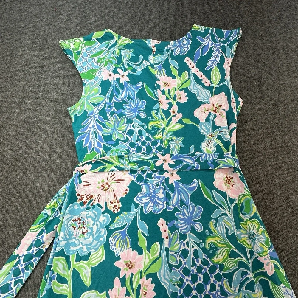 Lilly Pulitzer Wrap Dress Medium Floral Teal Pink‎ Cap Sleeve Stretch - Picture 8 of 9